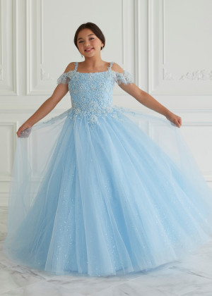 Cold Shoulder Beaded Sky Blue Lace Tulle Sparkling Flower Girl Dress